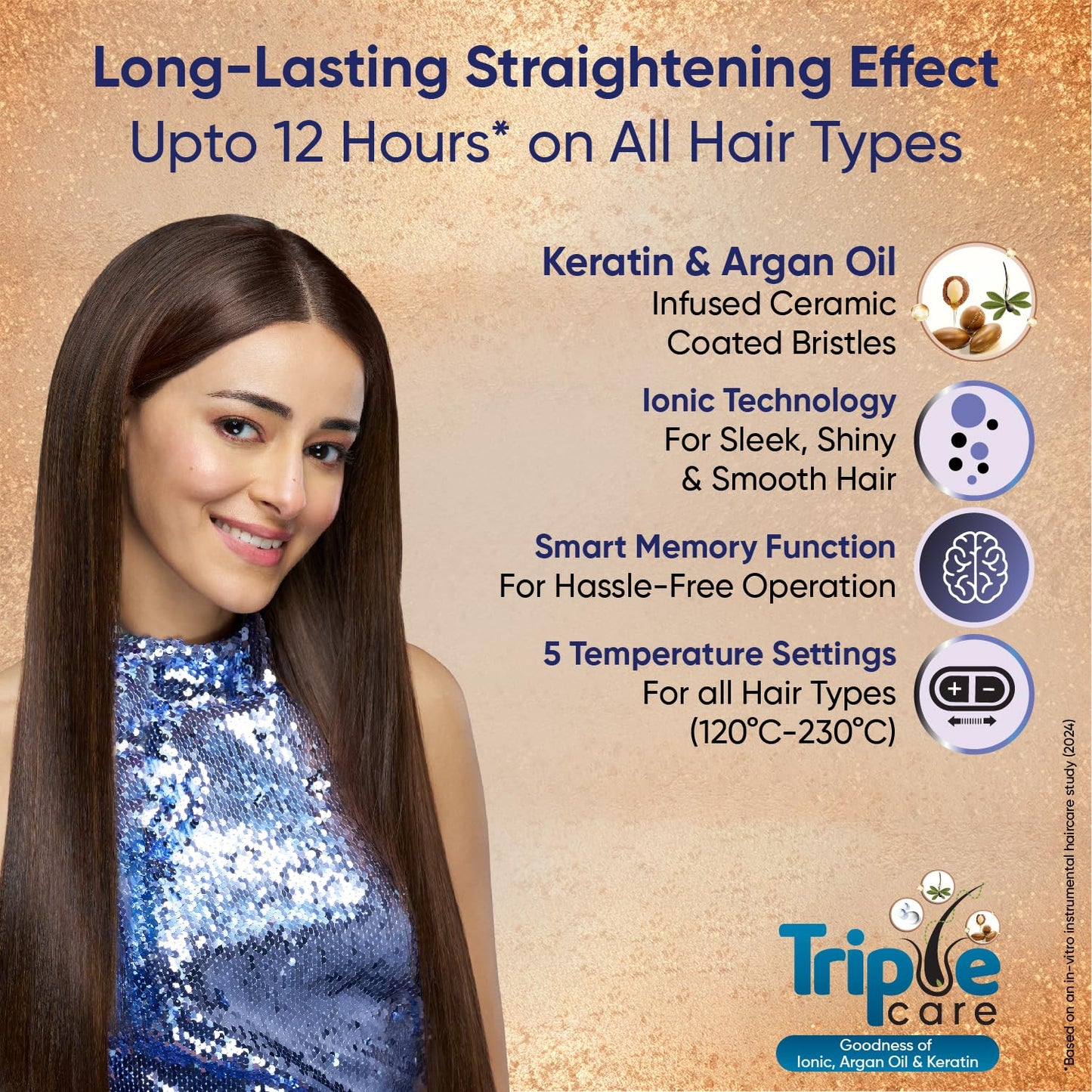 Vega LitStyle L1 Hair Straightener Brush for Women with Triple Care & ThermoProtect Technology (Keratin, Argan Oil & Ionic), Frizz-Free Hair in Few Mins, Straightening Effect Upto 12 Hours, (VHSB-06)