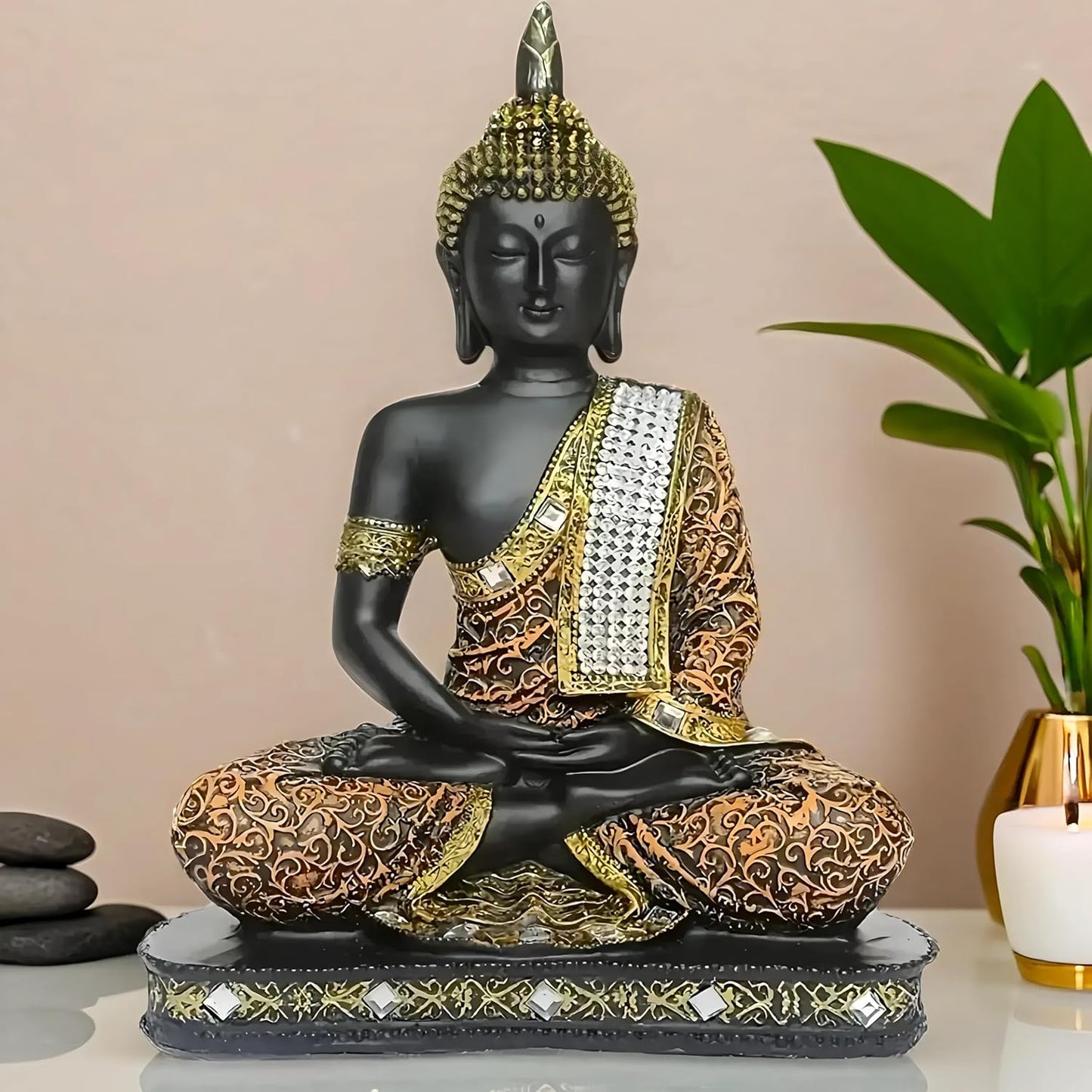 New 25 Centimetre Meditating Sitting Buddha Statue showpiece Idol Home Decor Items for Living Room and Gifts (1, Orange Black)
