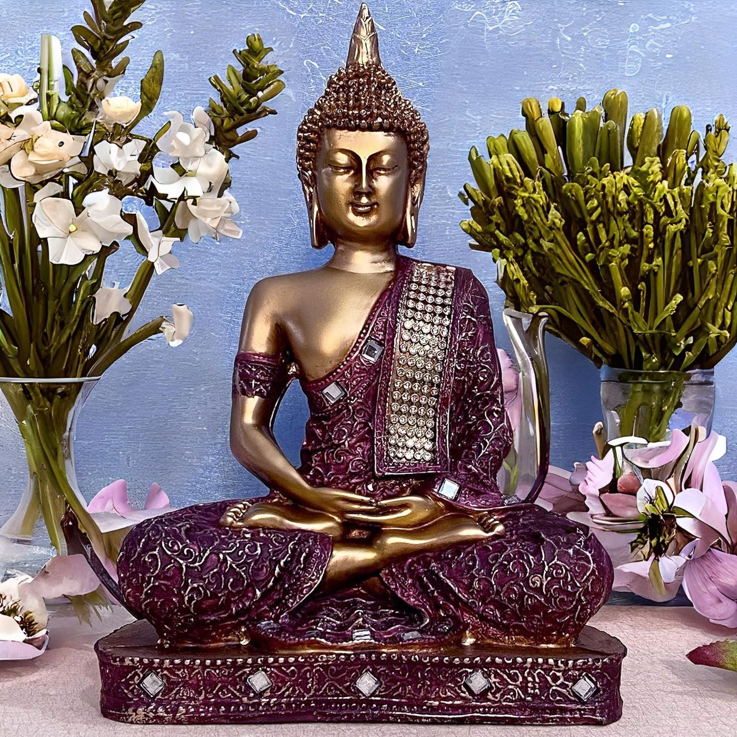 New 25 Centimetre Meditating Sitting Buddha Statue showpiece Idol Home Decor Items for Living Room and Gifts (1, Orange Black)