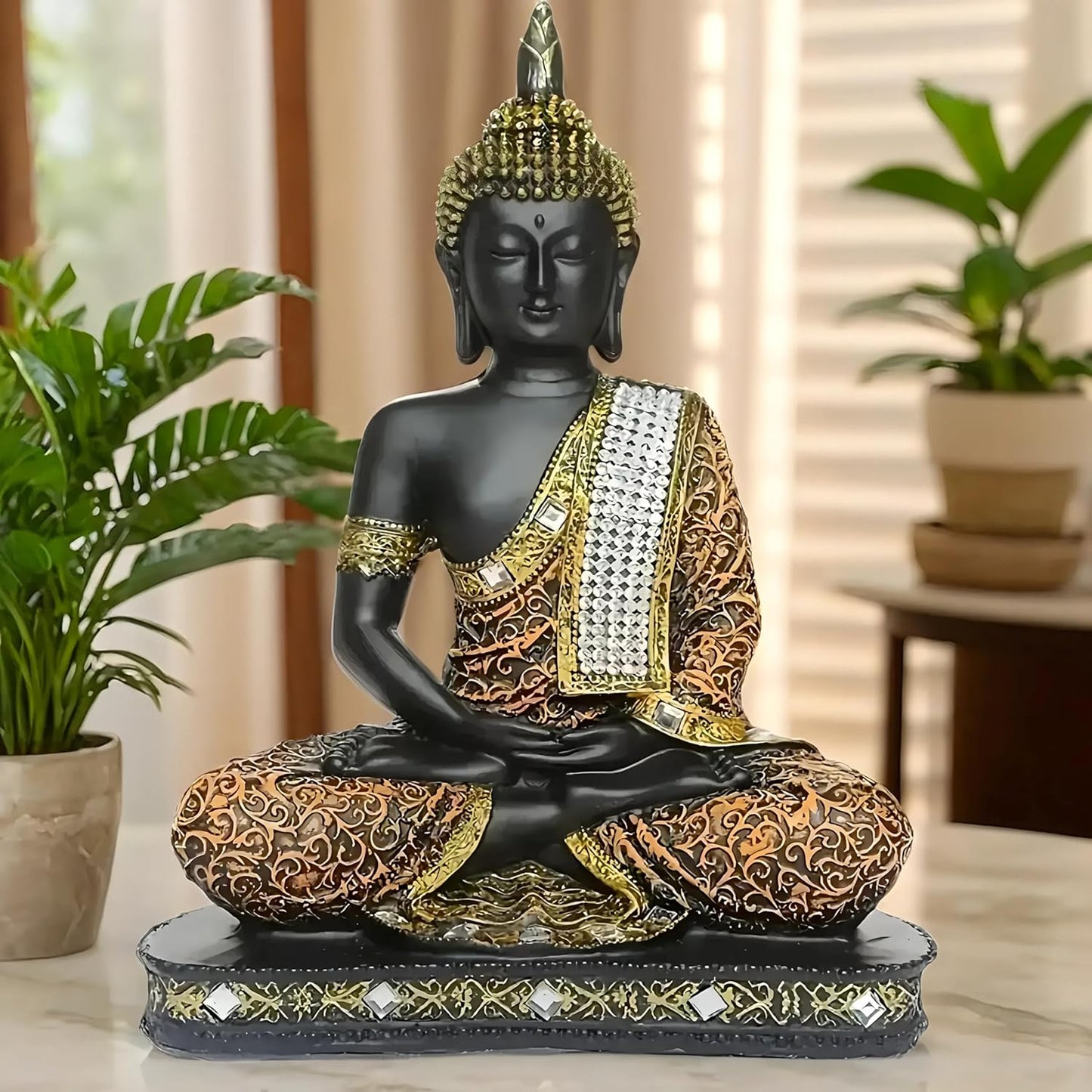New 25 Centimetre Meditating Sitting Buddha Statue showpiece Idol Home Decor Items for Living Room and Gifts (1, Orange Black)