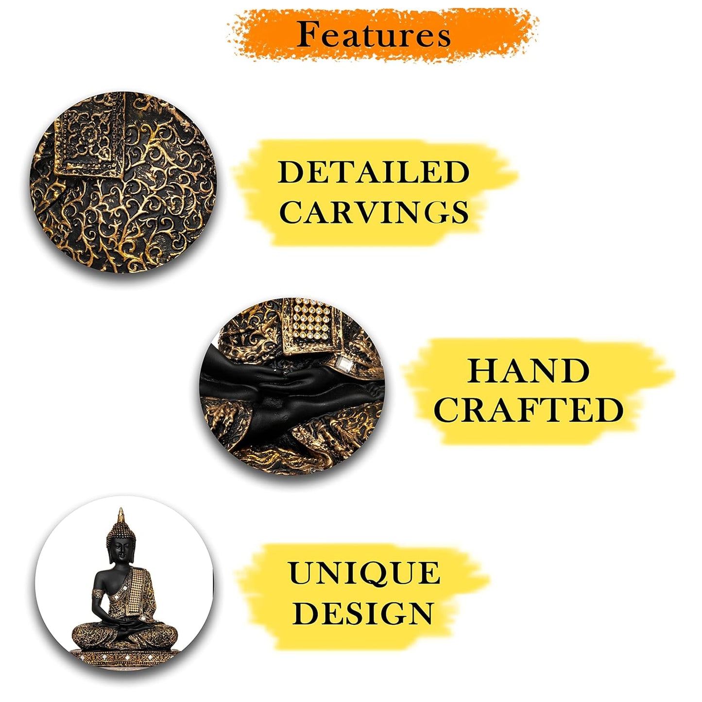 New 25 Centimetre Meditating Sitting Buddha Statue showpiece Idol Home Decor Items for Living Room and Gifts (1, Orange Black)