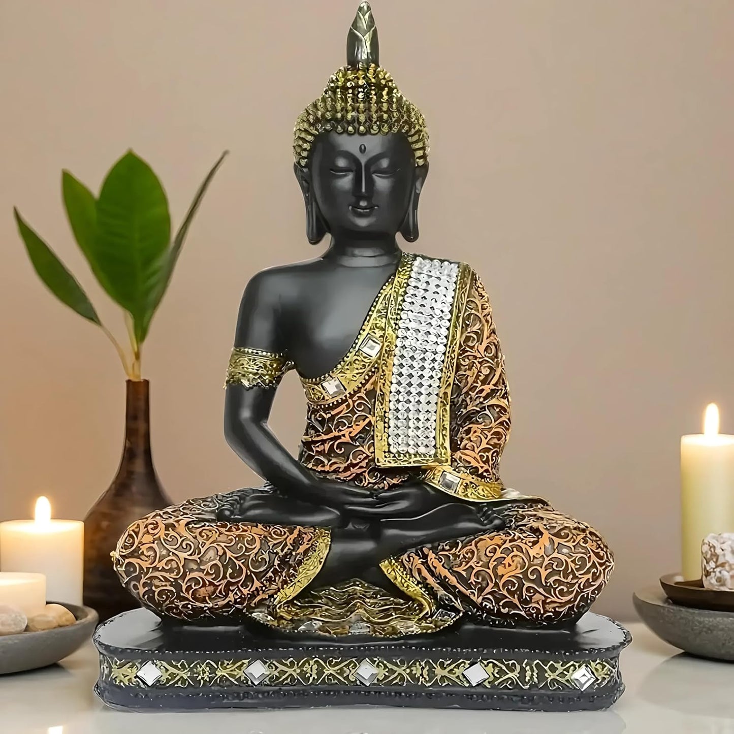 New 25 Centimetre Meditating Sitting Buddha Statue showpiece Idol Home Decor Items for Living Room and Gifts (1, Orange Black)