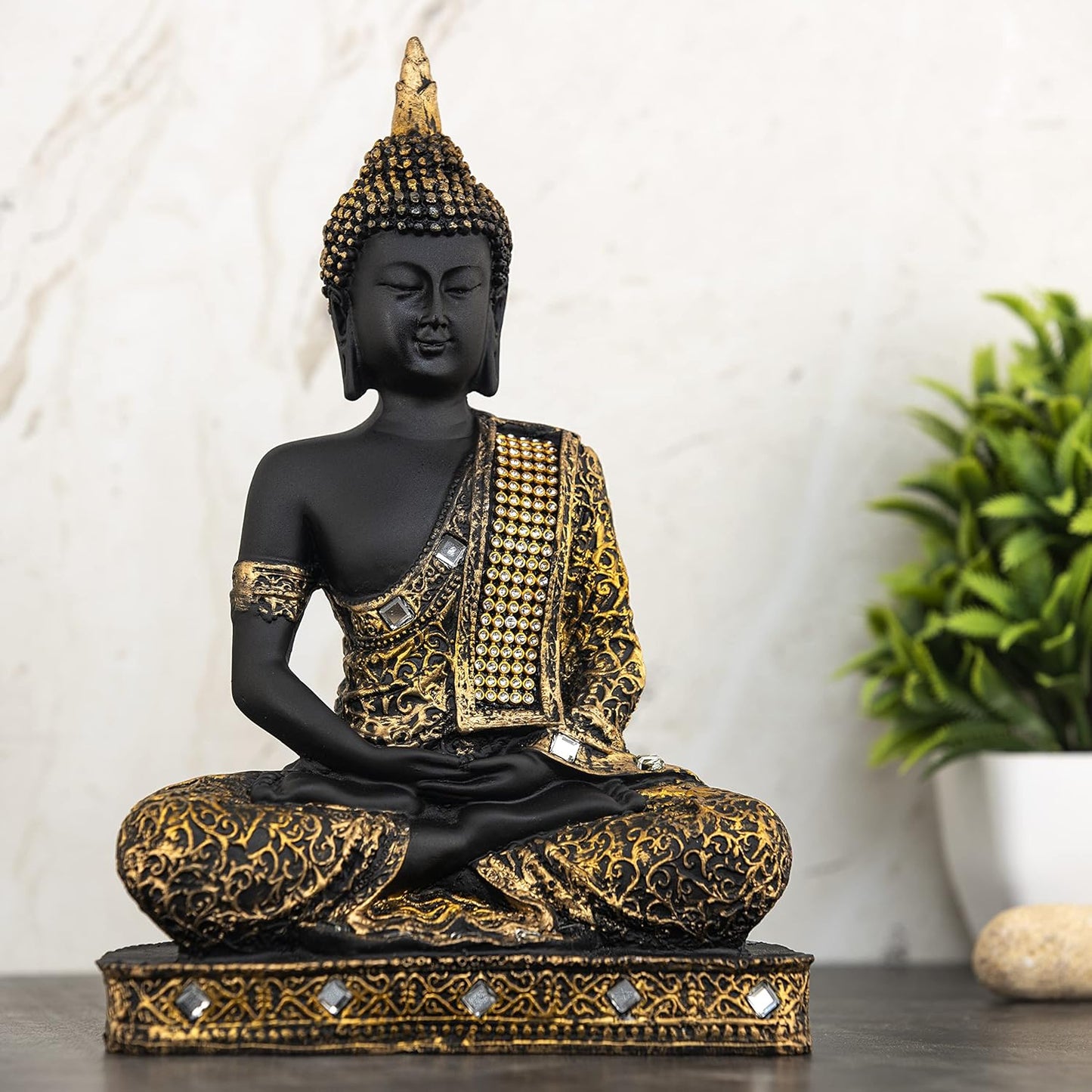 New 25 Centimetre Meditating Sitting Buddha Statue showpiece Idol Home Decor Items for Living Room and Gifts (1, Orange Black)