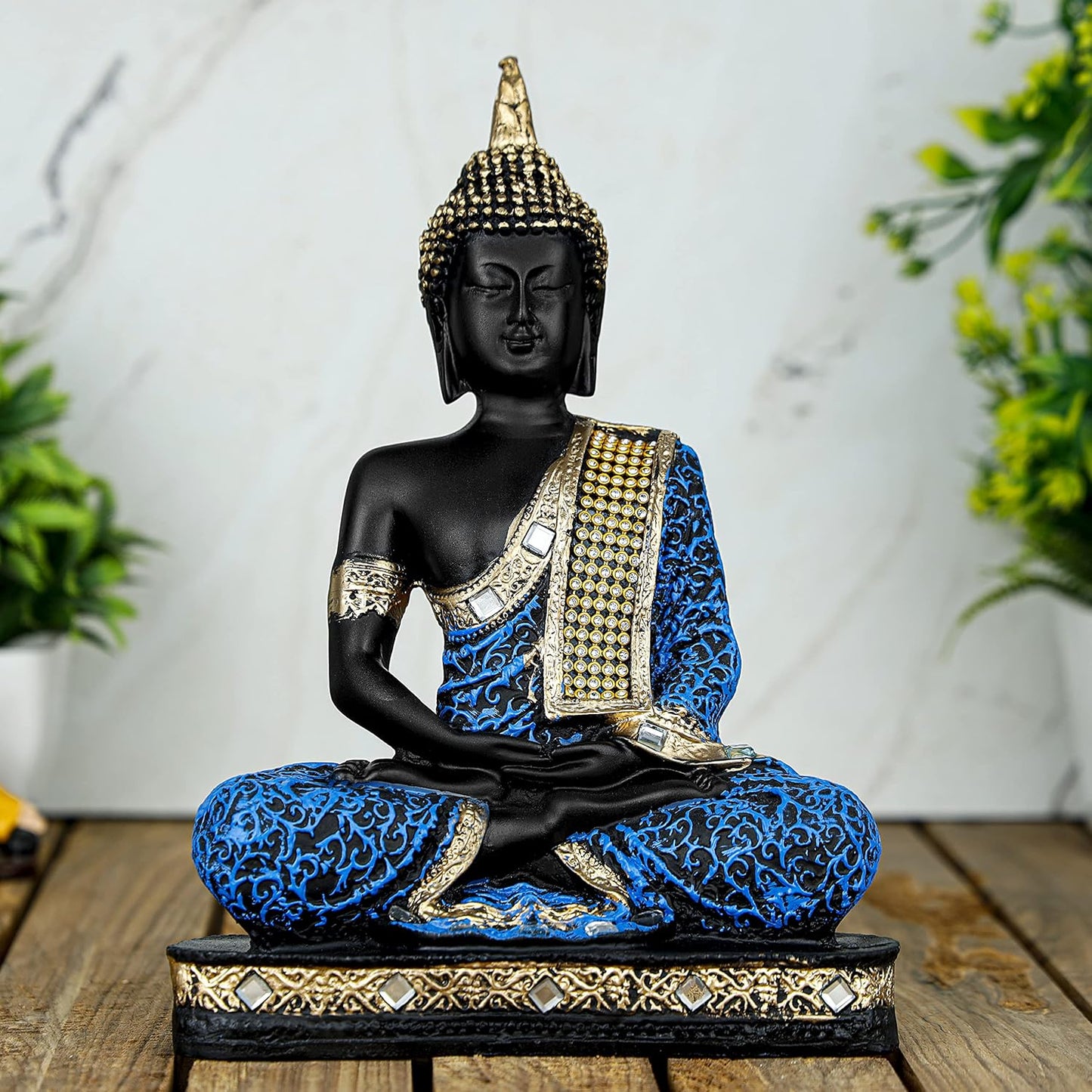 New 25 Centimetre Meditating Sitting Buddha Statue showpiece Idol Home Decor Items for Living Room and Gifts (1, Orange Black)