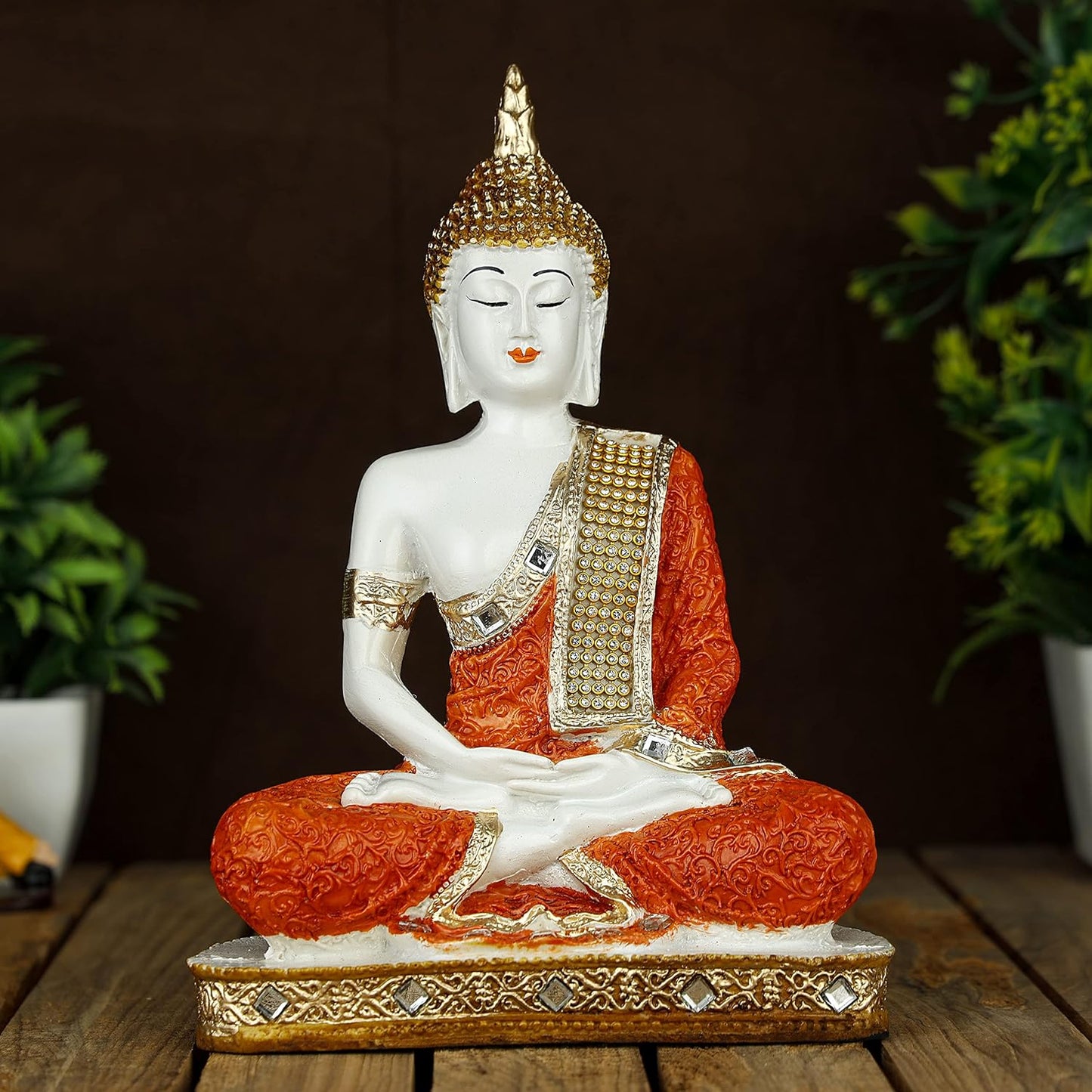New 25 Centimetre Meditating Sitting Buddha Statue showpiece Idol Home Decor Items for Living Room and Gifts (1, Orange Black)