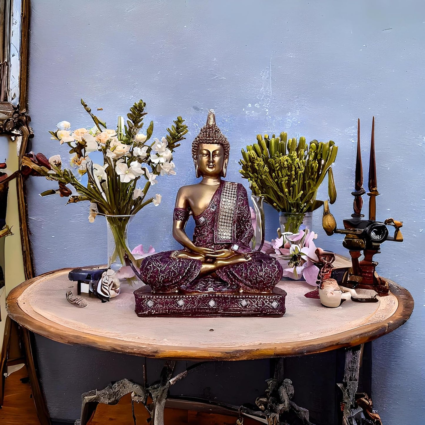 New 25 Centimetre Meditating Sitting Buddha Statue showpiece Idol Home Decor Items for Living Room and Gifts (1, Orange Black)