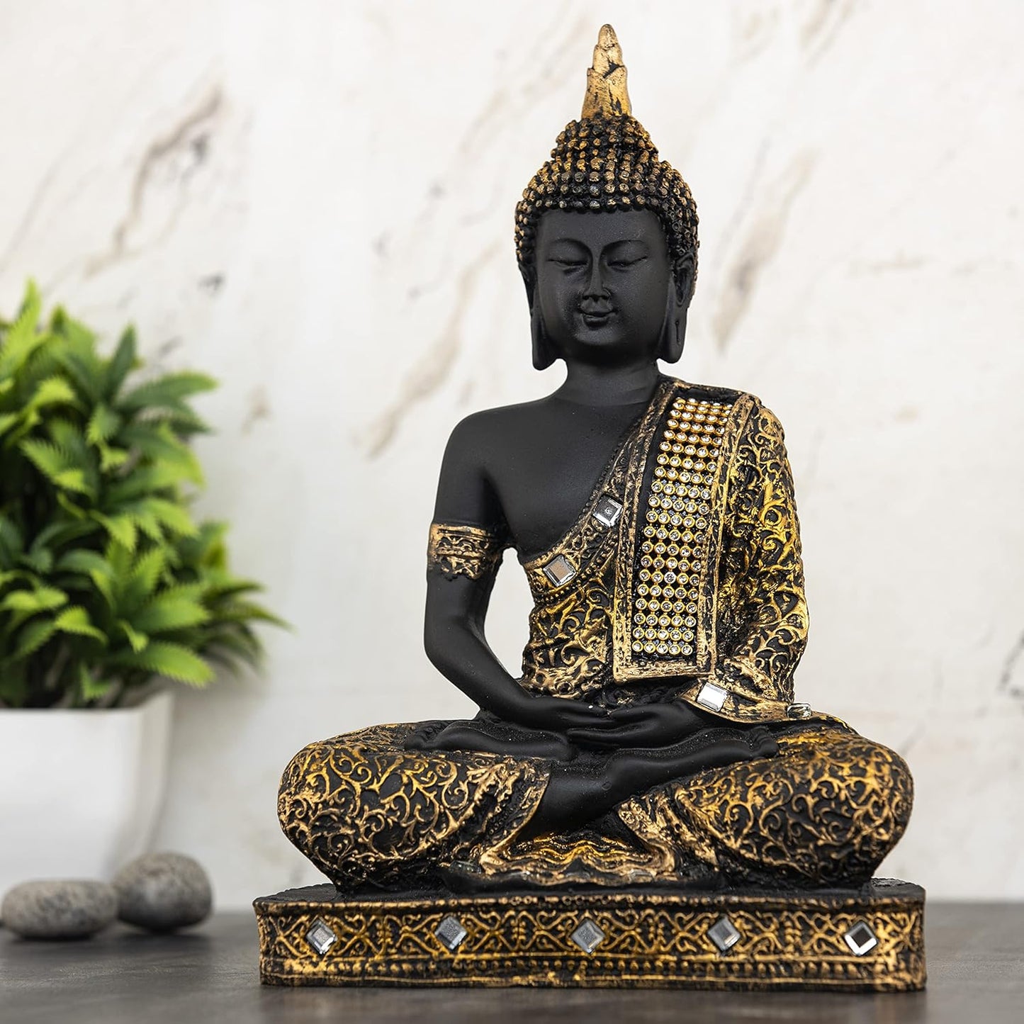 New 25 Centimetre Meditating Sitting Buddha Statue showpiece Idol Home Decor Items for Living Room and Gifts (1, Orange Black)