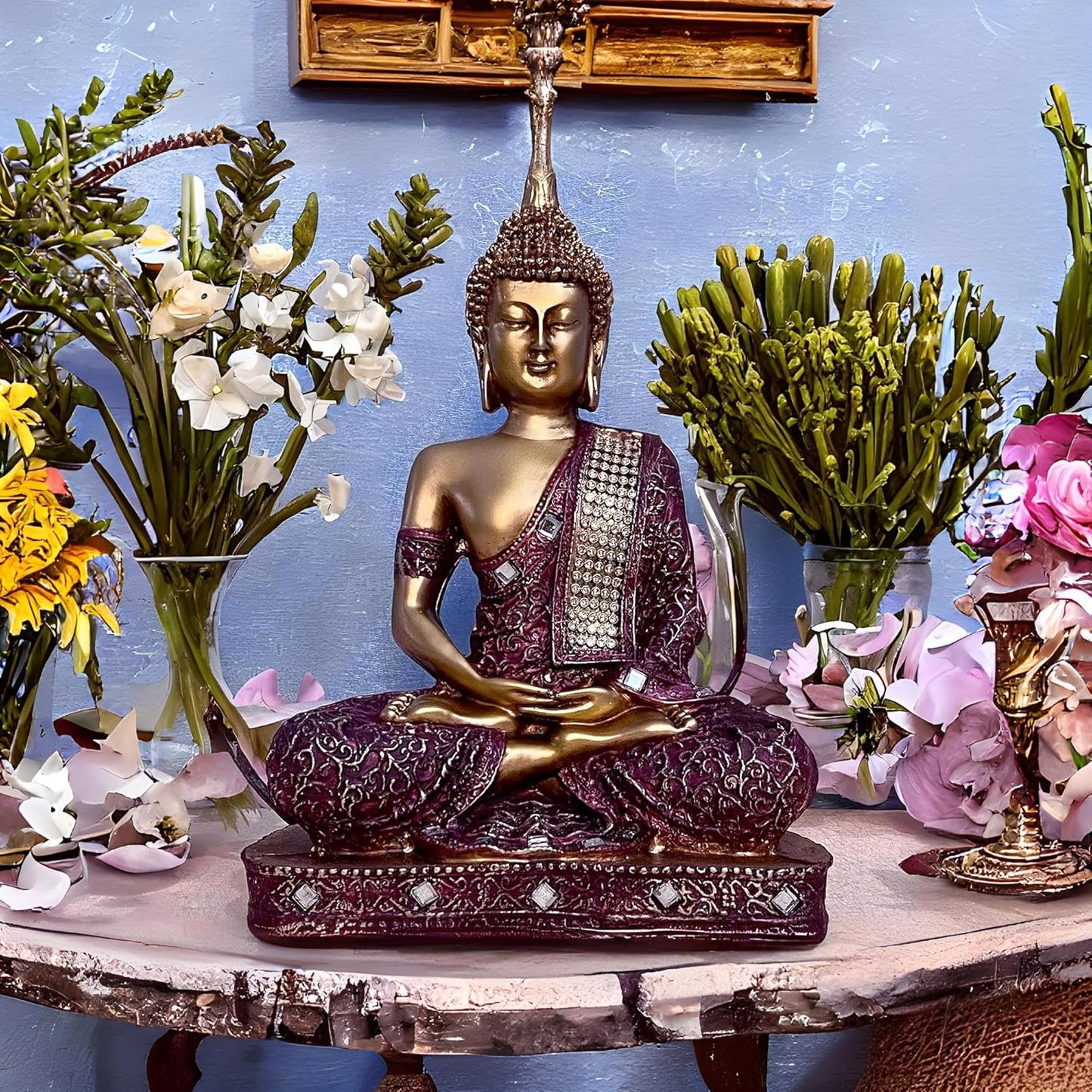 New 25 Centimetre Meditating Sitting Buddha Statue showpiece Idol Home Decor Items for Living Room and Gifts (1, Orange Black)