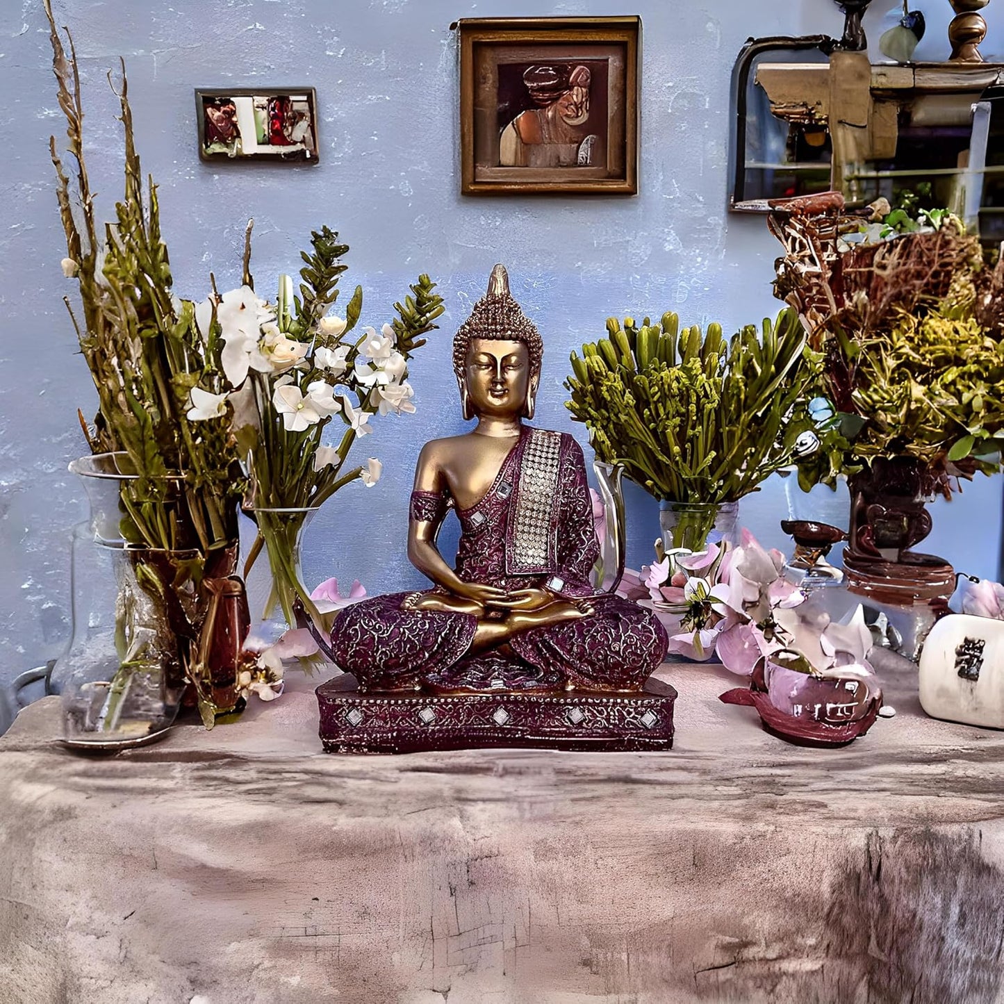 New 25 Centimetre Meditating Sitting Buddha Statue showpiece Idol Home Decor Items for Living Room and Gifts (1, Orange Black)