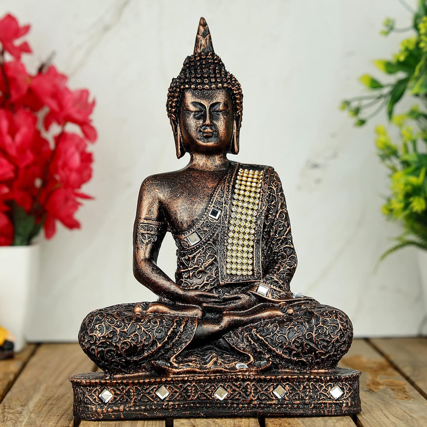 New 25 Centimetre Meditating Sitting Buddha Statue showpiece Idol Home Decor Items for Living Room and Gifts (1, Orange Black)