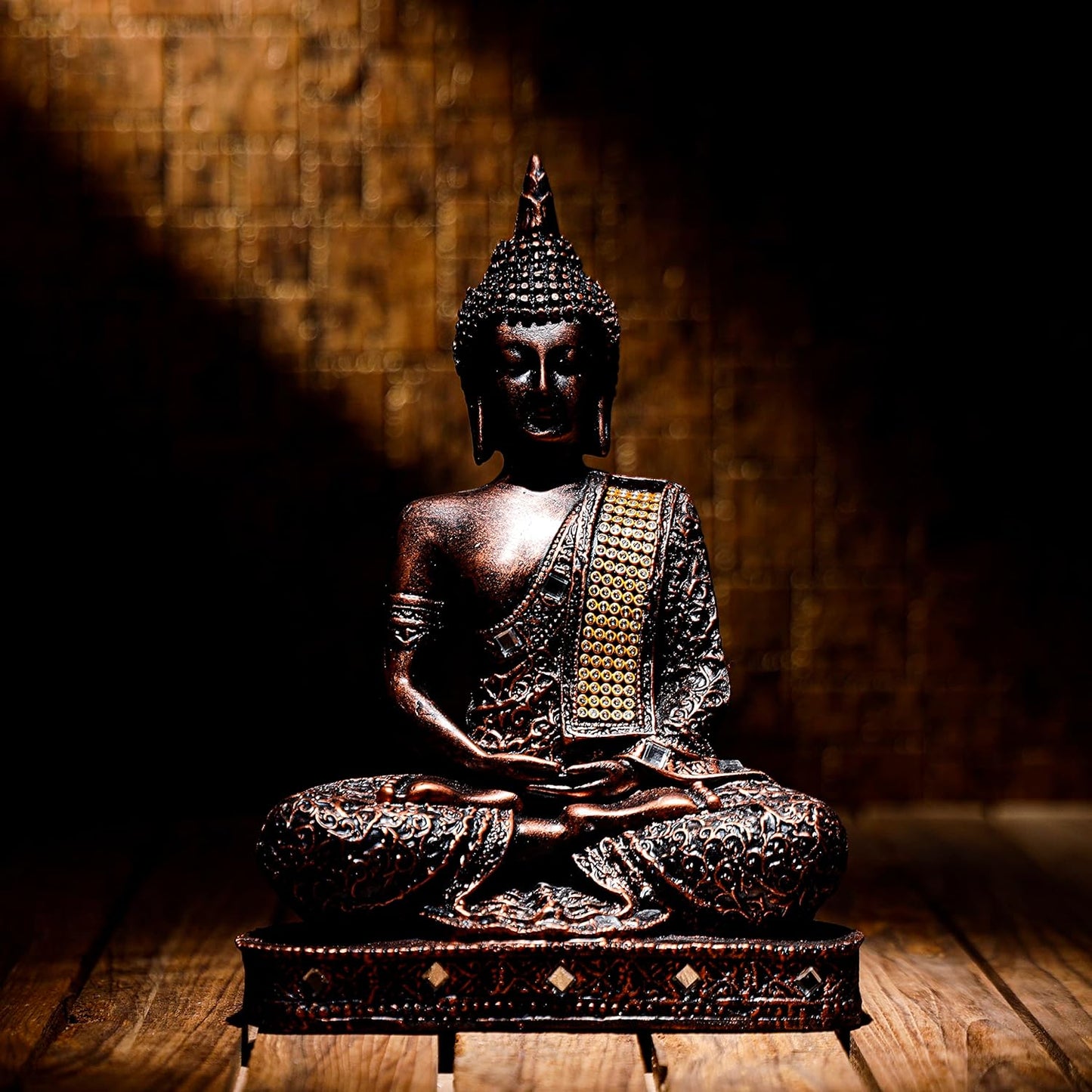 New 25 Centimetre Meditating Sitting Buddha Statue showpiece Idol Home Decor Items for Living Room and Gifts (1, Orange Black)