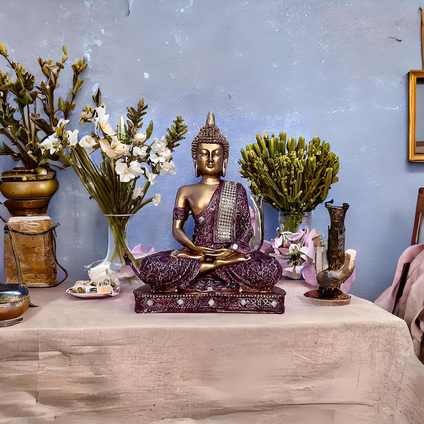 New 25 Centimetre Meditating Sitting Buddha Statue showpiece Idol Home Decor Items for Living Room and Gifts (1, Orange Black)