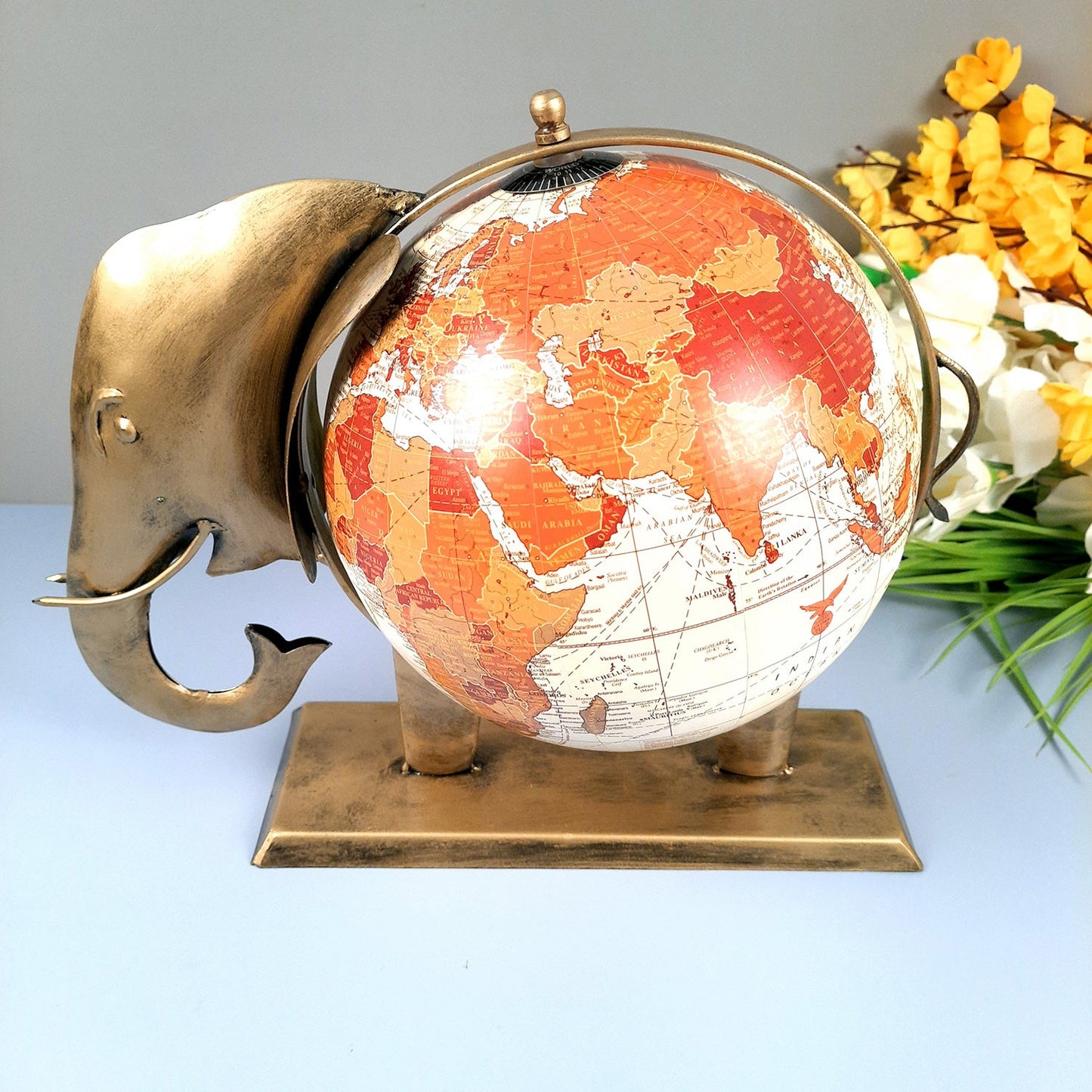 Elephant With Globe Showpiece Figurines - Antique Showpiece - for Home, Vastu, Good Luck, Table & Office Decor & Gift - 11 Inch