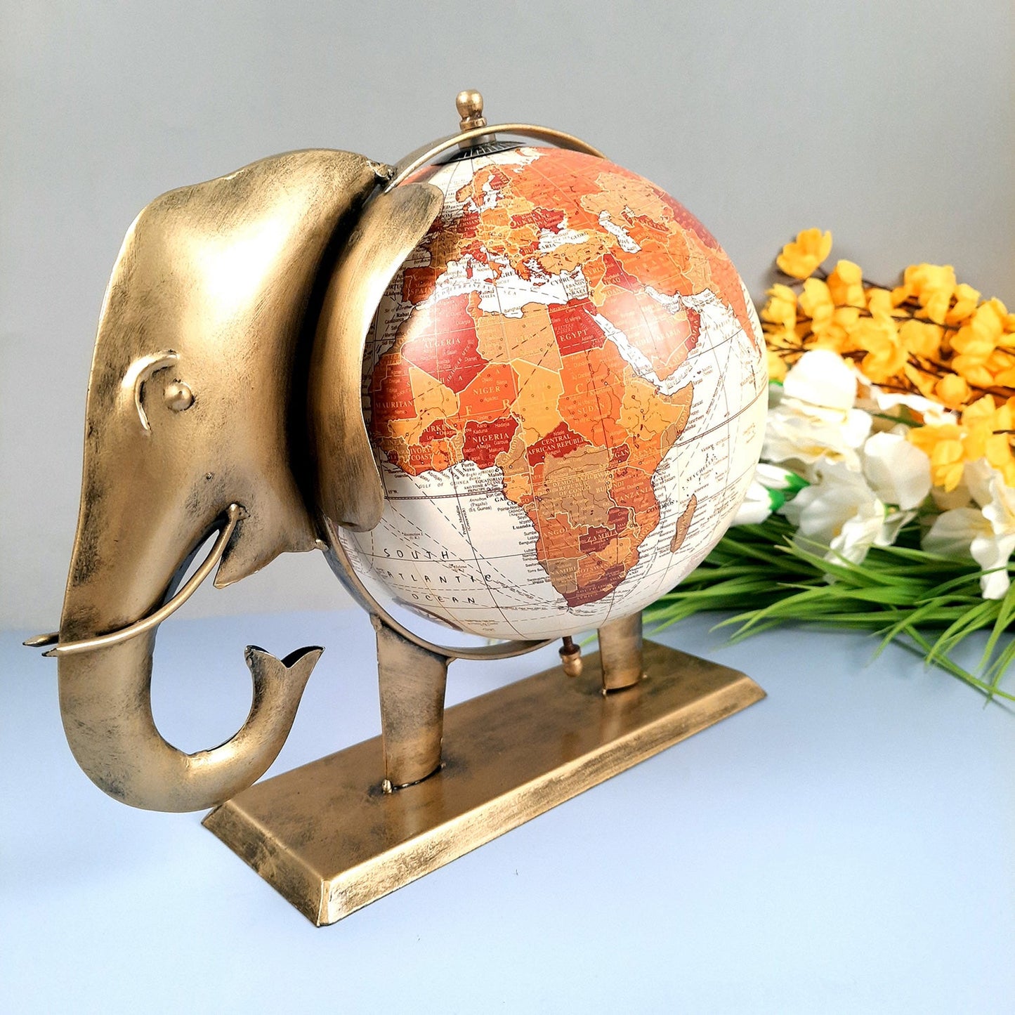 Elephant With Globe Showpiece Figurines - Antique Showpiece - for Home, Vastu, Good Luck, Table & Office Decor & Gift - 11 Inch