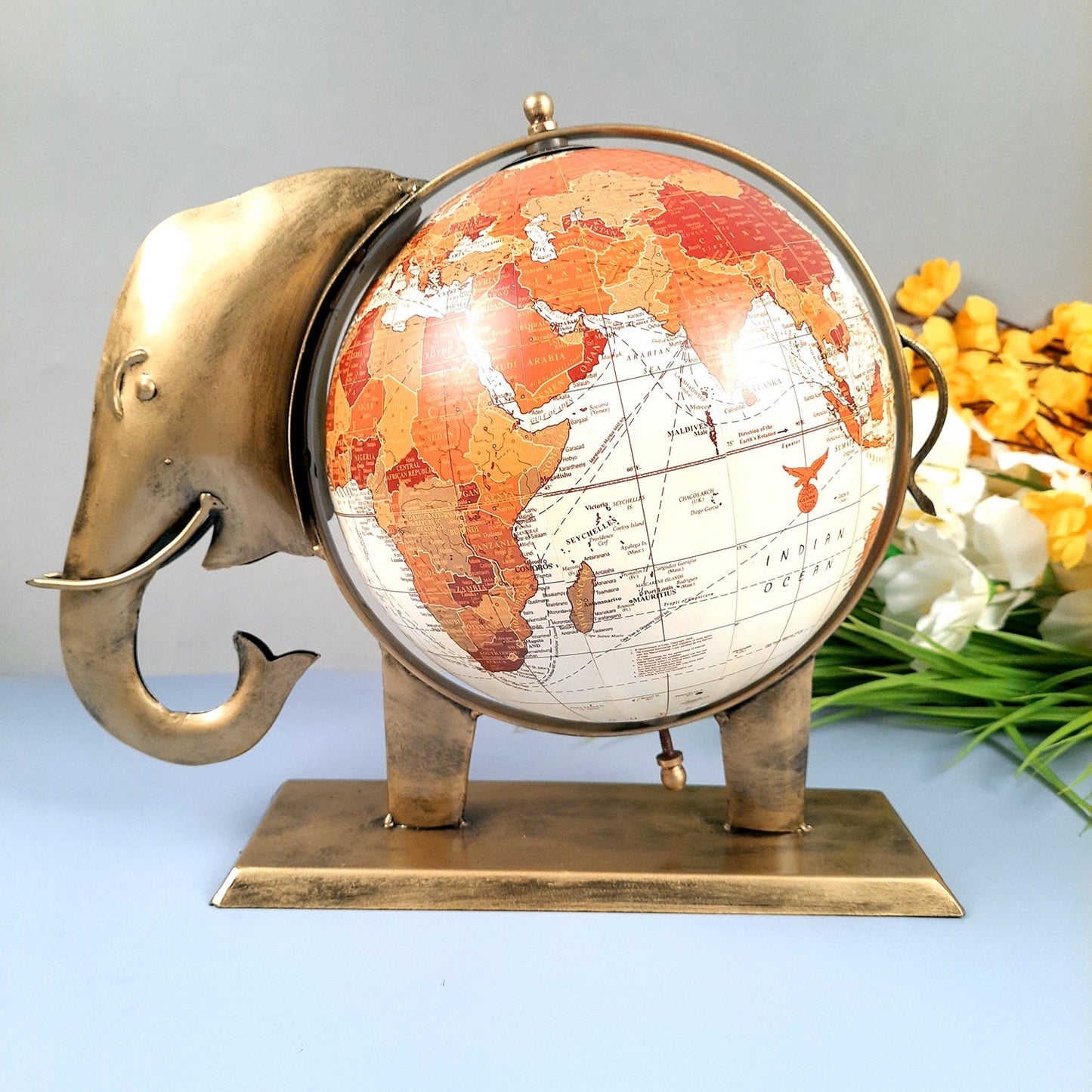 Elephant With Globe Showpiece Figurines - Antique Showpiece - for Home, Vastu, Good Luck, Table & Office Decor & Gift - 11 Inch